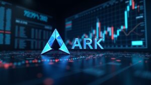 Retrato fotorrealista de Ark Invest en una sala de noticias financieras, con tickers cripto y gráficos ascendentes.