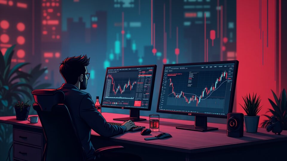 Photoreal trading desk with ASTER price drop, a CZ silhouette observing, and symbolic market influence and regulatory risk.