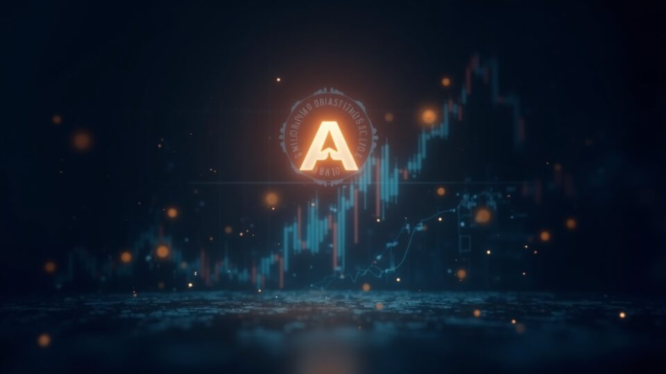 Logo iluminado de ASTER ascendiendo sobre un piso de trading, con gráficos de liquidez y un sello de auditoría translúcido.
