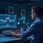 Trader at a sleek desk with holographic ASTER charts and Machi Mode visuals, Coinbase backdrop.