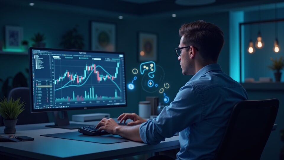 Trader at a sleek desk with holographic ASTER charts and Machi Mode visuals, Coinbase backdrop.