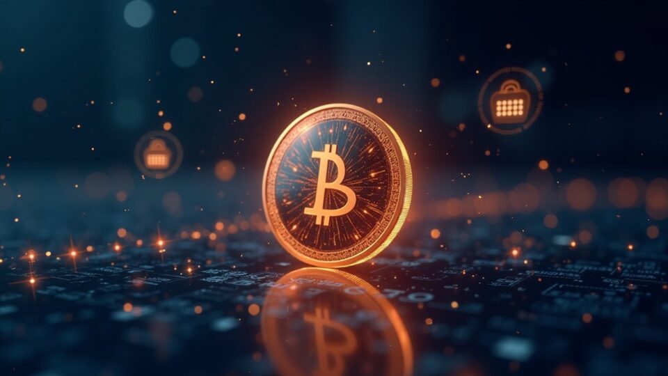 Token ASTER brillando en el centro, libro mayor en cadena, iconos de calendario y desbloqueo, estilo periodístico