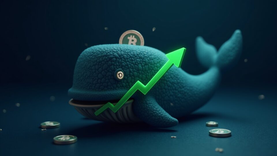 Billetera de ballena cripto cargando ASTER, gráfico que llega a $1 y flecha verde ascendente en un piso de trading oscuro.
