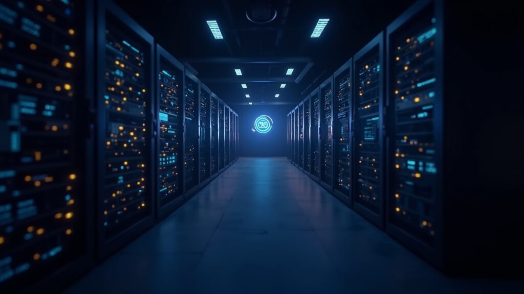 Data center AWS futurista con servidores brillantes y un panel de criptomonedas superpuesto, ilustrando IA e infraestructura