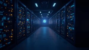 Data center AWS futurista con servidores brillantes y un panel de criptomonedas superpuesto, ilustrando IA e infraestructura