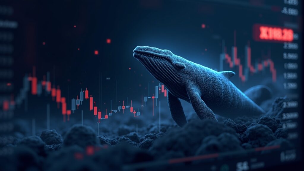 Silueta de una ballena cripto sobre un panel de trading con BTC y XRP, mostrando apalancamiento 20x y caída de precios.
