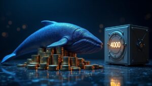 Ballena de ETH hecha de monedas brillantes, junto a un cofre iluminado con 4000, en una sala de trading futurista.