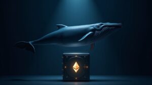 Imagen fotorrealista: ballena gigante de Ethereum sobre una bóveda digital luminosa, con inversores institucionales en el fondo.