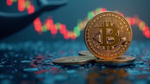 Moneda de Bitcoin en primer plano, silueta de ballena y gráficos de mercado, transmite calma en volatilidad.