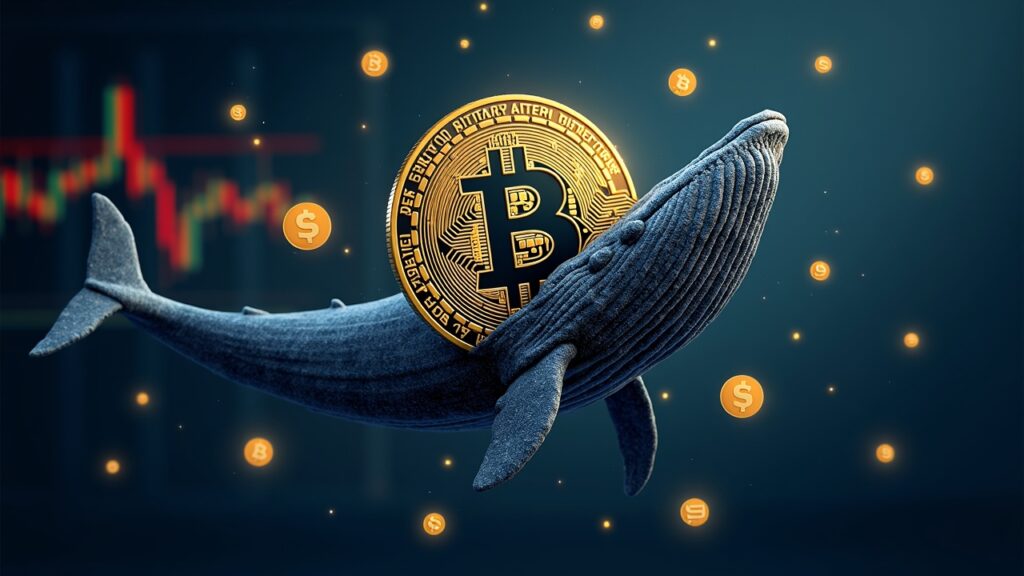 Ballena de Bitcoin en el centro, rodeada de gráficos on-chain y logotipos de ETFs, con insignia 90k.