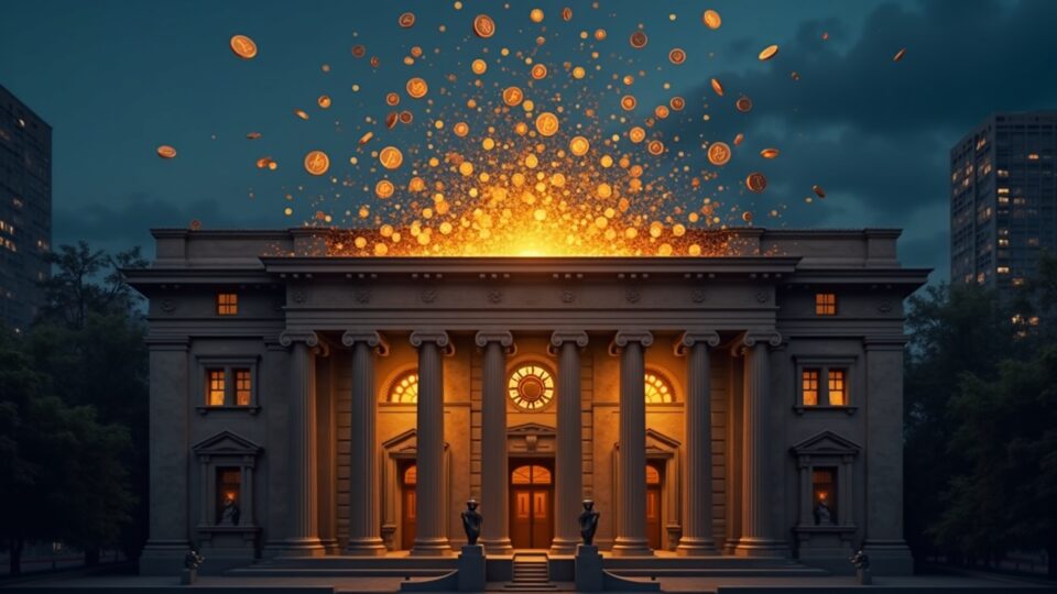 Fachada del banco central de Brasil con monedas digitales orbitando y una barrera de capital de 7 millones.