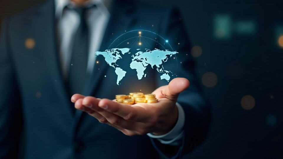 Jefe bancario fotorealista presenta libro mayor de Stellar con stablecoins sobre mapa mundial