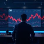 Trader cripto en una sala de trading moderna, BTC a 100k en pantalla, gráficos de liquidez rojos y iluminación azul.