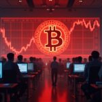 Símbolo de Bitcoin en primer plano, cerca de 100k; pantallas con liquidaciones y traders ansiosos en una sala de trading.