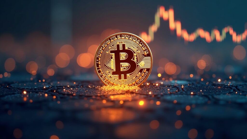Bitcoin en centro con logos institucionales, siluetas de ballenas y un gráfico de 185k a 120k, señalando una era de madurez.