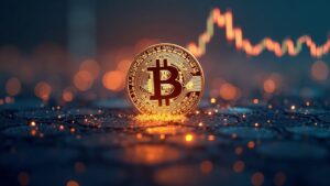 Bitcoin en centro con logos institucionales, siluetas de ballenas y un gráfico de 185k a 120k, señalando una era de madurez.