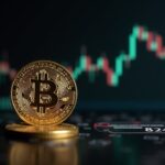 Moneda de bitcoin en primer plano, con un gráfico ascendente detrás que supera 84k, junto a iconos de la Fed y un calendario de diciembre.