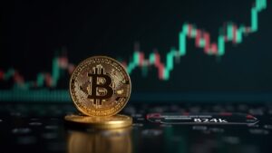 Moneda de bitcoin en primer plano, con un gráfico ascendente detrás que supera 84k, junto a iconos de la Fed y un calendario de diciembre.