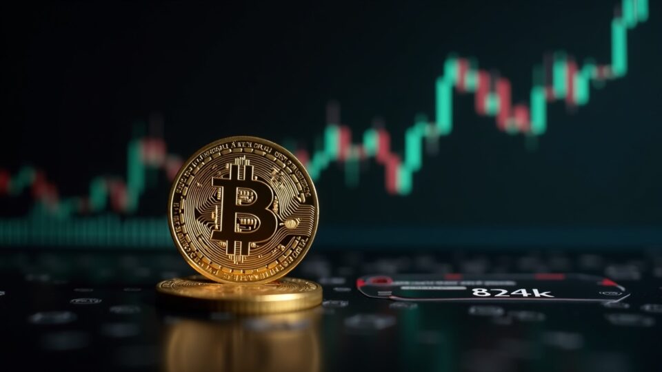 Moneda de bitcoin en primer plano, con un gráfico ascendente detrás que supera 84k, junto a iconos de la Fed y un calendario de diciembre.