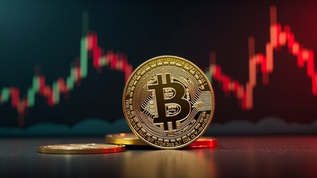 Moneda de Bitcoin en primer plano con gráfico de precio 90k al fondo, logotipos institucionales y mapa de calor de riesgo.