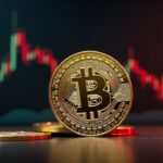 Moneda de Bitcoin en primer plano con gráfico de precio 90k al fondo, logotipos institucionales y mapa de calor de riesgo.