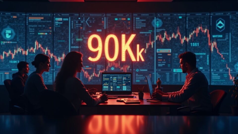 Fotoreportaje cripto: Bitcoin a 90k con ticker luminoso, Ethereum y XRP en alza, mineros dominando una red descentralizada.