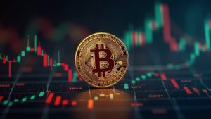Moneda de Bitcoin en primer plano, con gráficos ascendentes y visuales de liquidez, destacando la resistencia de 97k.