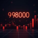 Bitcoin a 98.000 en tablero de precios con barras rojas de liquidaciones y futuros en cascada, estilo macro