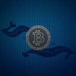 Bitcoin al centro con siluetas de ballenas rodeando 1.000 BTC, fondo digital en rejilla azul y tipografía nítida.
