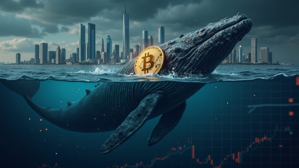 Ballena de Bitcoin fotorealista hundiéndose frente a torres institucionales, con flujos de datos y paneles de precios