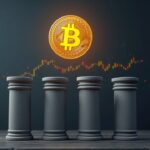 Bitcoin fotorrealista sube sobre cuatro pilares: Instituciones, Macro, Niveles técnicos y Oferta en un set de noticias.