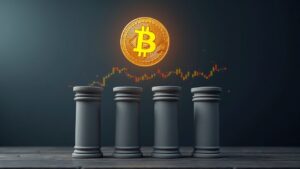 Bitcoin fotorrealista sube sobre cuatro pilares: Instituciones, Macro, Niveles técnicos y Oferta en un set de noticias.