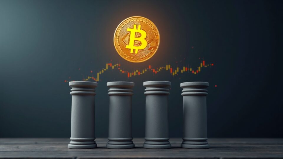 Bitcoin fotorrealista sube sobre cuatro pilares: Instituciones, Macro, Niveles técnicos y Oferta en un set de noticias.