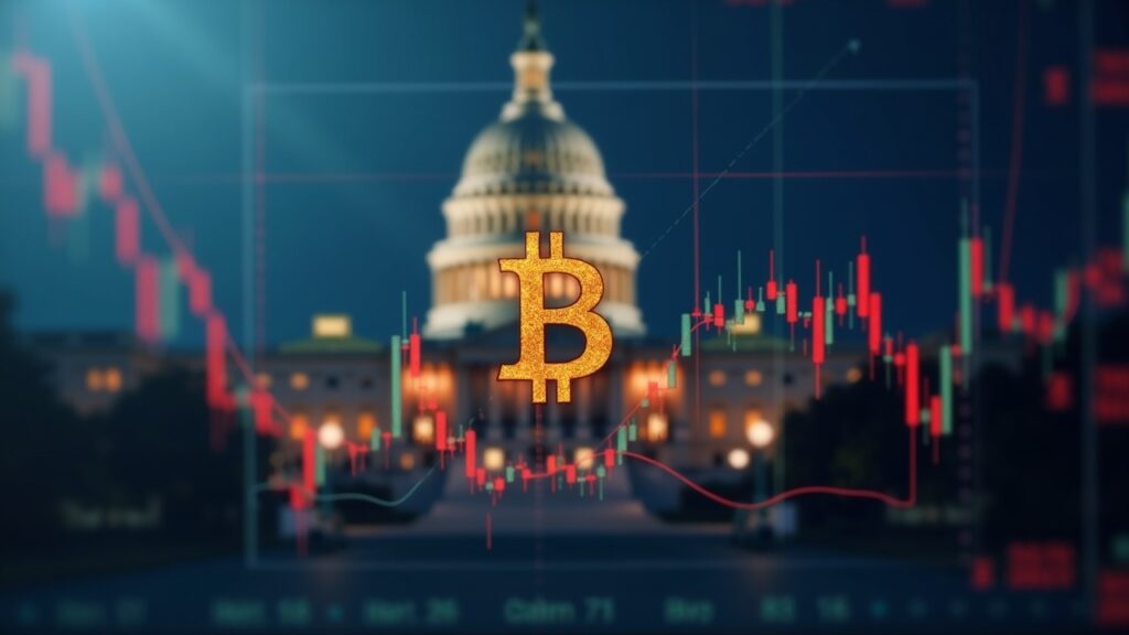 Logotipo de Bitcoin sobre tablero de trading, Capitol borroso al fondo y líneas de mercado tensas.