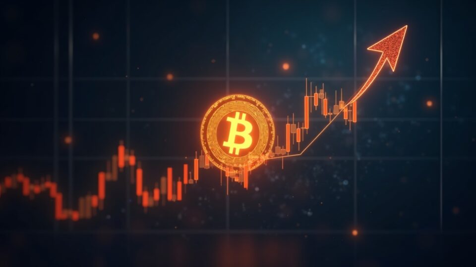 Logotipo de Bitcoin sobre gráfico ascendente que ilustra un rally del 100% de ETFs, silueta de regulador y brillo de redacción.