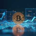 Bitcoin fotorealista sobre un escritorio; pantallas holográficas muestran la liquidez global en aumento y flechas de easing.