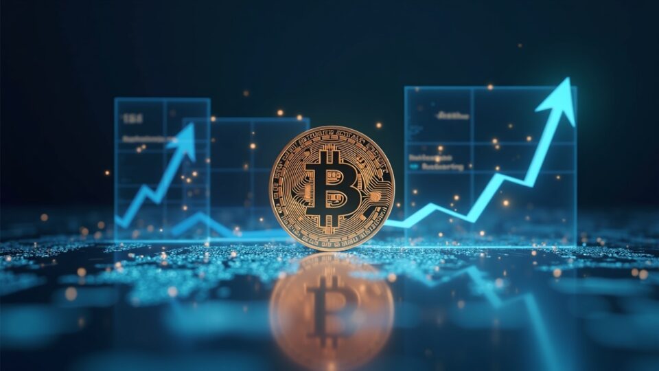 Bitcoin fotorealista sobre un escritorio; pantallas holográficas muestran la liquidez global en aumento y flechas de easing.