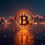 Logo de Bitcoin fotorealista sobre una ciudad, con líneas de datos y un gráfico ascendente que indica demanda institucional.