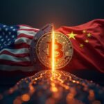Bóveda de Bitcoin dividida entre EE. UU. y China, con un puente de blockchain brillante, simbolizando soberanía y regulación.