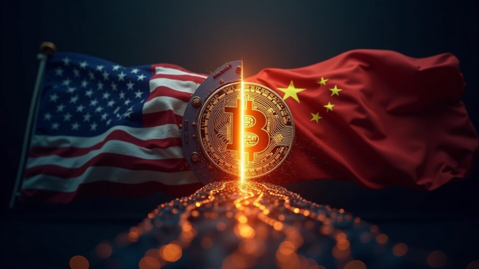Bóveda de Bitcoin dividida entre EE. UU. y China, con un puente de blockchain brillante, simbolizando soberanía y regulación.