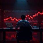 Sala de trading cripto realista con un operador concentrado, gráficos rojos cayendo hacia 70k y señales de liquidaciones.
