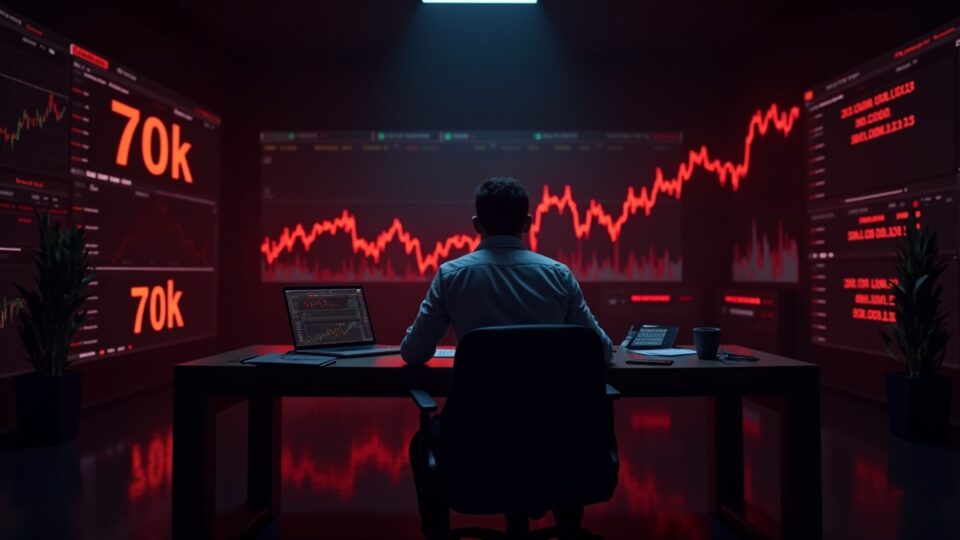 Sala de trading cripto realista con un operador concentrado, gráficos rojos cayendo hacia 70k y señales de liquidaciones.