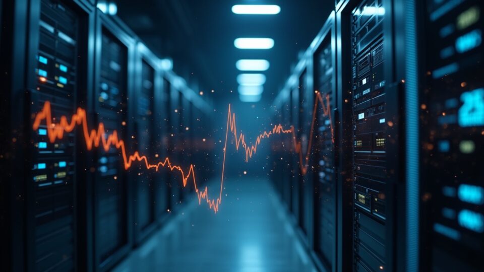Rig de minería de Bitcoin en un data center moderno, gráfico de acciones difuso y documento de nota convertible al fondo.