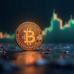 Moneda de Bitcoin fotorealista en primer plano, brillo de Nvidia y gráfico de subida y caída detrás, fondo tipo sala de prensa.