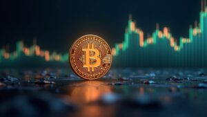 Moneda de Bitcoin fotorealista en primer plano, brillo de Nvidia y gráfico de subida y caída detrás, fondo tipo sala de prensa.