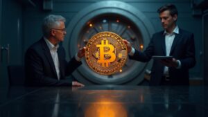 Bitcoin central, OG hodler a la izquierda y trader tecnológico a la derecha, fondo de custodia fría.