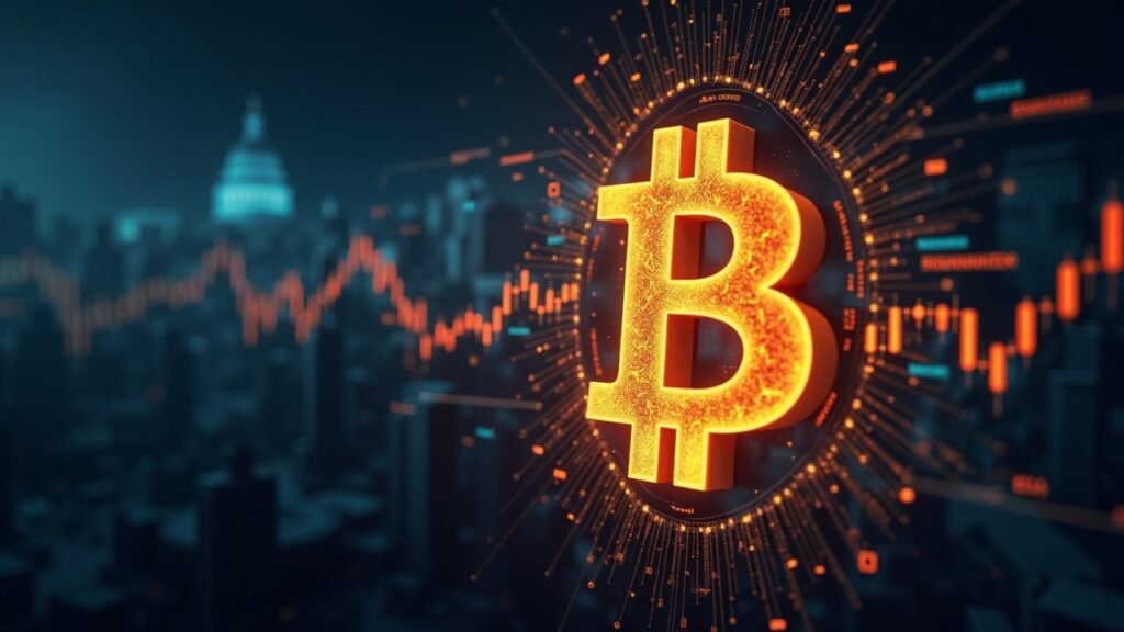 Encabezado fotorrealista con símbolo de Bitcoin en el centro, flujos on-chain y calendario de diciembre.