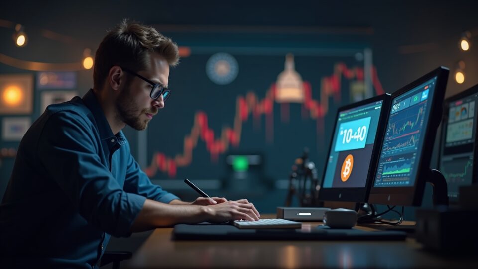 Trader concentrado ante la pantalla; Bitcoin sube de 99k a 106k; reloj Capitol marca fin del shutdown; ambiente cripto.