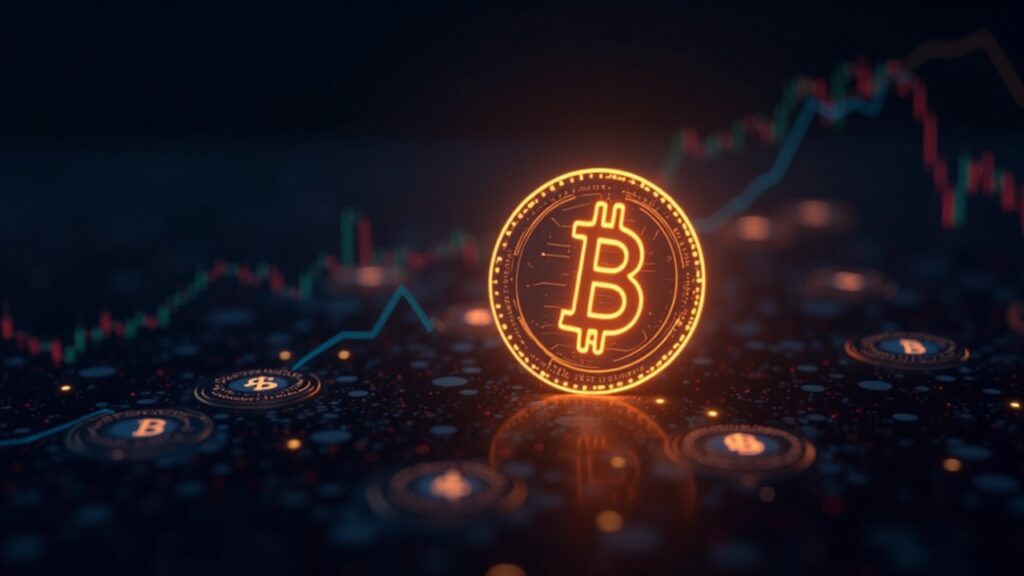 Bitcoin luminoso sobre gráfico de profundidad y flujos de liquidez, con iconos de stablecoins al fondo