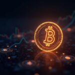 Bitcoin luminoso sobre gráfico de profundidad y flujos de liquidez, con iconos de stablecoins al fondo